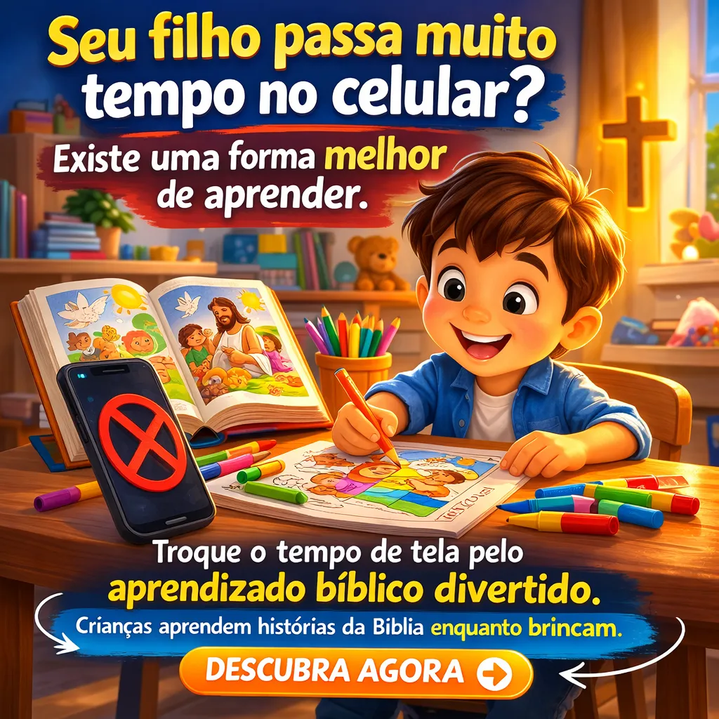 Criança sorrindo enquanto colore atividades bíblicas com lápis de cor, longe do celular
