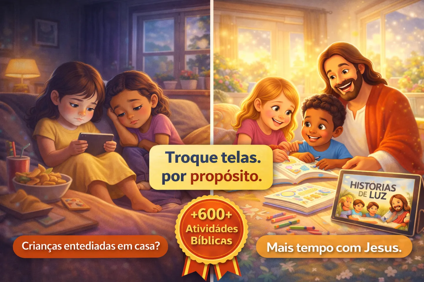 Comparação: crianças entediadas no tablet versus crianças felizes aprendendo a Bíblia em família