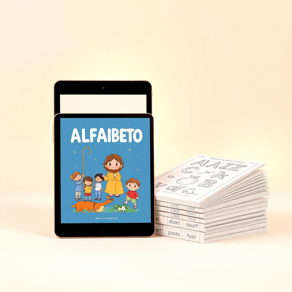 Mockup do Alfabeto Bíblico: versão digital no tablet e páginas impressas prontas para colorir